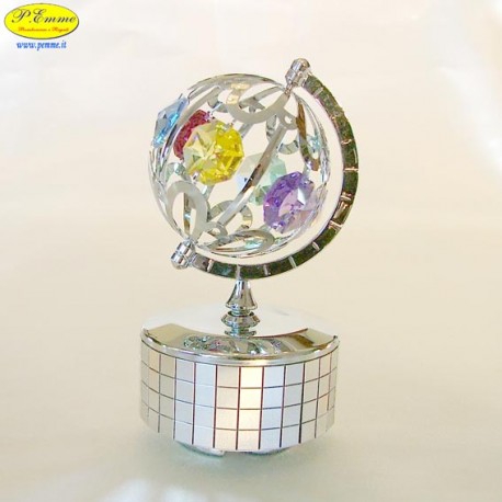 WORLD MAP ON REVOLVING BASE MUSIC SILVER - Cm. 10 x 6- elements SWAROVSKI