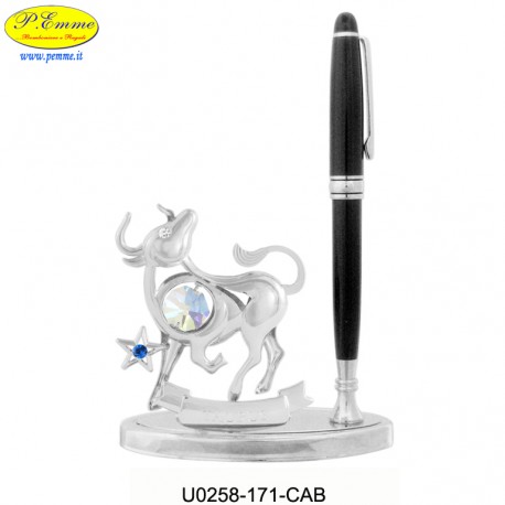 TORO WITH PEN ON BASE DELUXE SILVER - cm.16x11 - Swarovski Elements