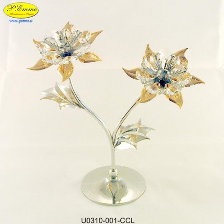 DOUBLE FLOWER SILVER METAL APPLICATIONS WITH SWAROVSKI CRYSTAL - Cm. 19 x 18.5